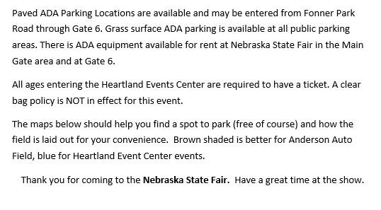 Parking information for Oak Ridge Boys at Nebraska State Fair